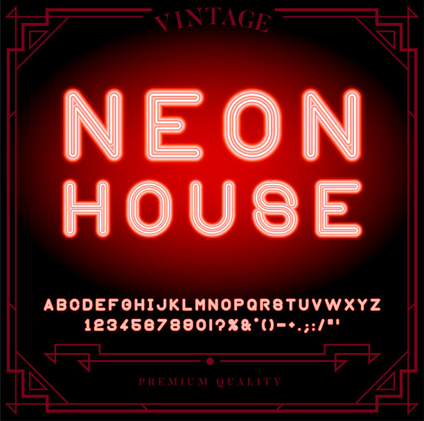 明亮的霓虹灯字母，数字和符号符号在向量。晚上演出。晚上俱乐部。图片下载