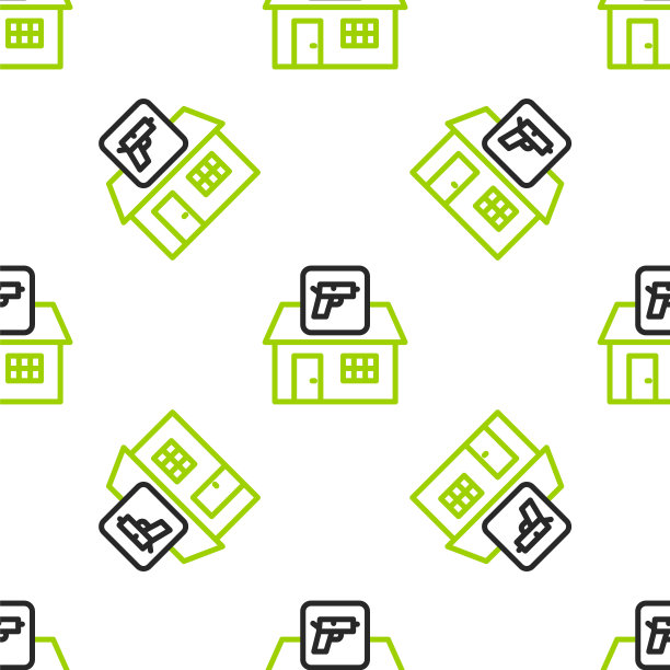 狩猎商店与步枪和枪支武器图标隔离无缝模式的白色背景。有武器装备的超市或商店。向量图片下载