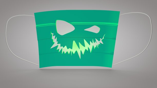 2019冠状病毒病手术口罩，带邪恶笑容。2020年万圣节的概念。三维渲染图片下载