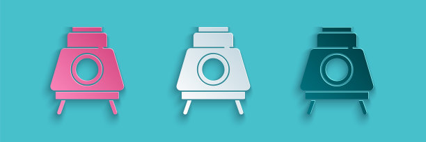 纸切割火星漫游者图标孤立在蓝色背景。空间探测器。太空城的迹象。用来研究行星表面的装置。纸艺术风格。向量图片下载