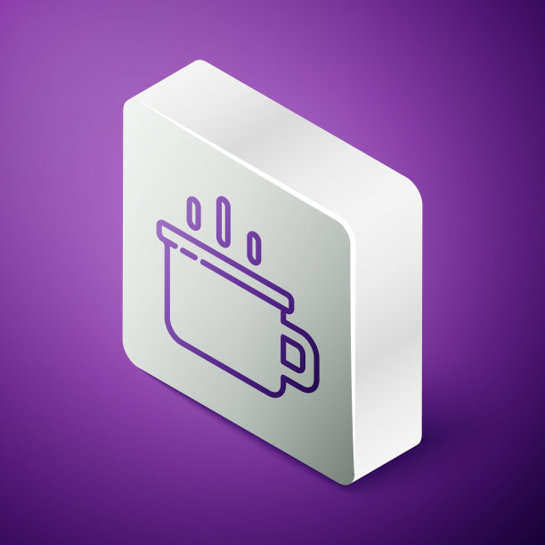 等距线咖啡杯图标孤立在紫色的背景。茶杯。热喝咖啡。银广场按钮。向量图片下载