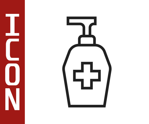 黑色线条抗菌皂液瓶，分配器图标隔离在白色背景上。防腐剂。消毒、卫生、护肤。向量图片下载