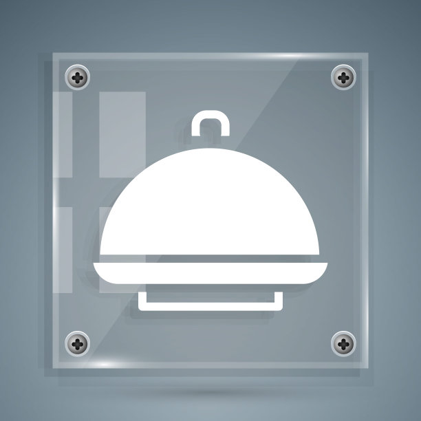 灰色背景上有一个食物图标。托盘和盖子标志。带有盖子的餐厅钟摆。方形玻璃面板。向量图片下载