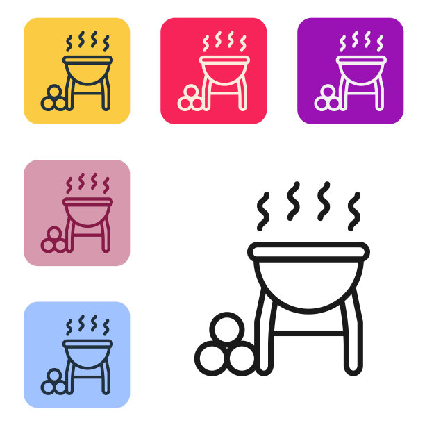 黑线烧烤架图标孤立在白色背景。烧烤烧烤聚会。设置图标的颜色方形按钮。向量图片下载