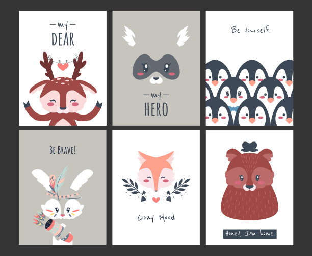 可爱的动物的海报。有趣的林地生物横幅或贺卡。收集邀请与小字符和字母。矢量极简动物儿童明信片图片下载