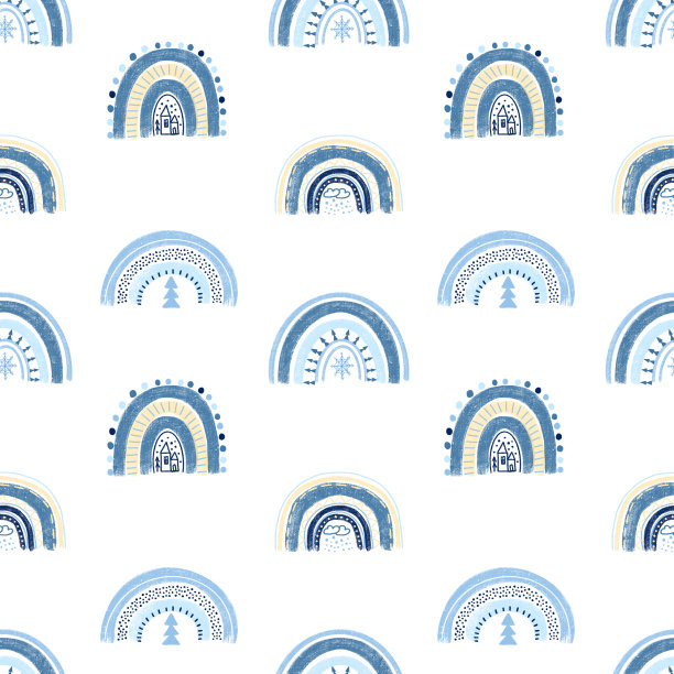 无缝图案手绘抽象现代冬季彩虹在粉彩蓝色在白色的背景图片下载