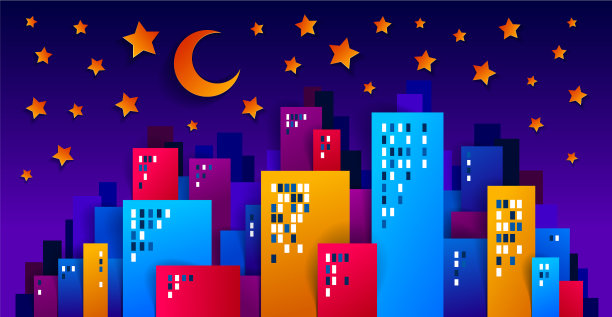 城市的房屋在夜晚与月亮和图片下载