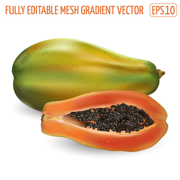 白色背景下的整个和半个木瓜。图片下载