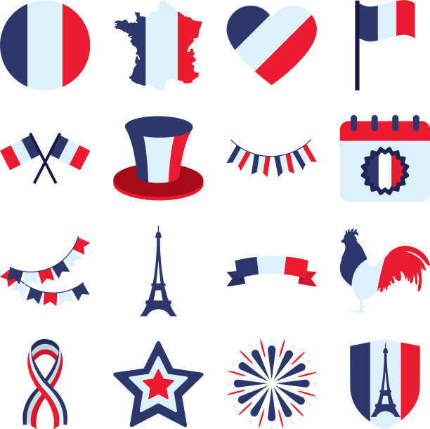 埃菲尔铁塔和巴士底日的图标设置扁平风格图片下载