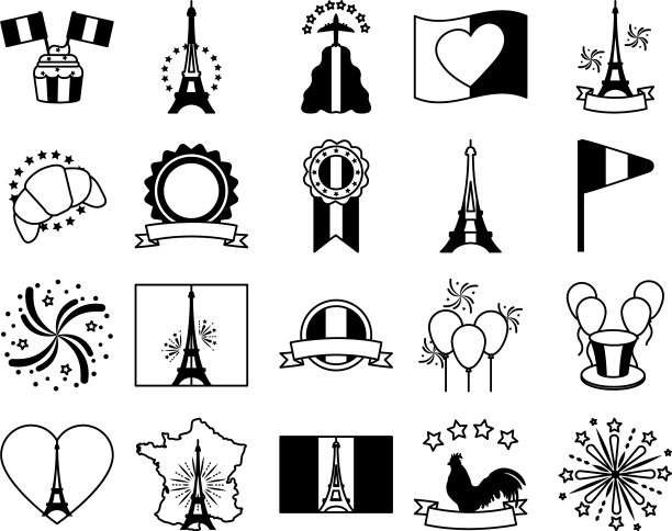 心和巴士底日图标设置线条风格图片下载