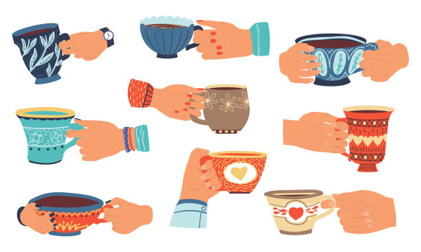 与杯子。菜式为热饮，晨饮。人们拿着画好的茶杯喝茶。厨房纺织模板，餐具广告模型，矢量餐厅或家庭用具集图片下载
