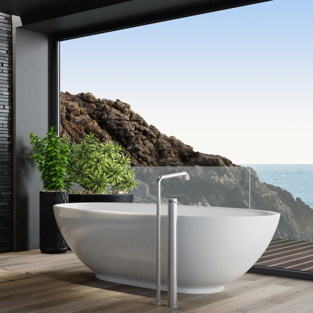 豪华公寓浴室内部，配有大型全景窗和板岩石背景墙图片下载