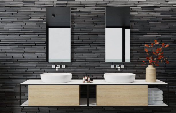 豪华公寓浴室内部，配有大型全景窗和板岩石背景墙图片下载