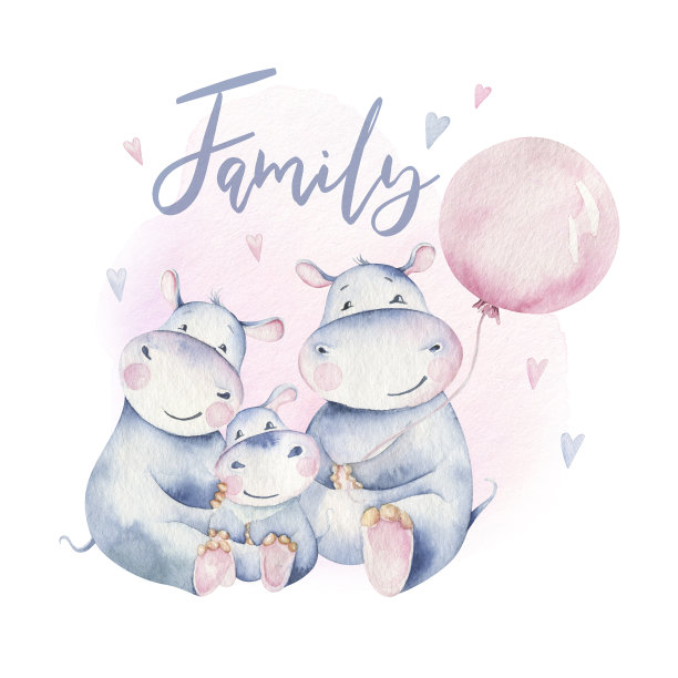 手绘可爱孤立的热带夏季水彩画河马动物。河马宝宝和妈妈卡通动物插图，丛林树，巴西时尚设计。欢迎收藏。图片下载