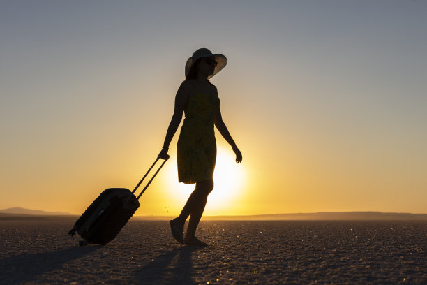 一个女人在沙滩上帮你提行李图片下载