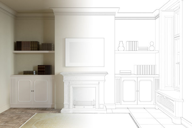 这幅草图变成了一间真正的现代经典客厅，壁炉上方是一张空白的海报，里面放着书，还有一扇大窗户，拼花地板上还有一块温暖的地毯。图片下载