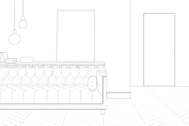 一间起居室的草图，里面有一张沙发、一张垂直的海报、几本书、一盏枝形吊灯、拼花地板和背景中的一扇门。前视图。图片下载