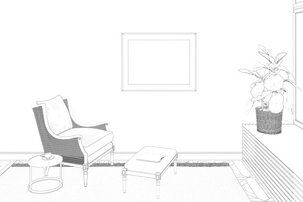 房间的草图和水平海报挂在墙上的藤椅和脚凳旁边的咖啡桌和一个杯子。大窗台上有一盆植物。图片下载