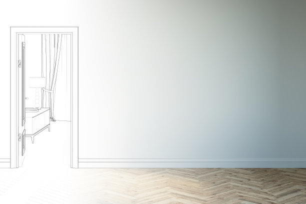 这个草图变成了一个真正的空房间内部，木地板和一扇敞开的门。你可以看到床头柜上有一盏灯，从敞开的门可以看到一扇挂着窗帘的窗户。图片下载