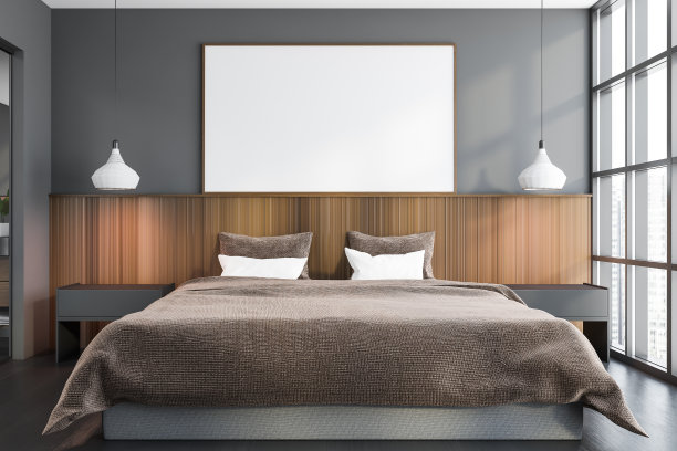 灰色和木制的卧室与海报图片下载