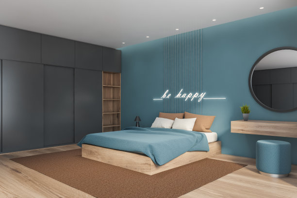 蓝色的卧室角落有镜子图片下载