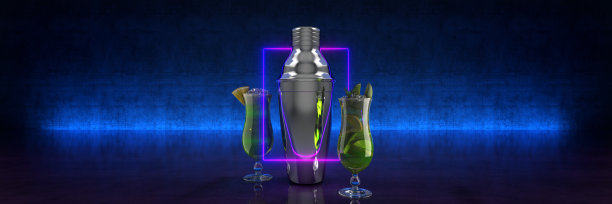 酒吧工具和鸡尾酒。三维渲染图片下载