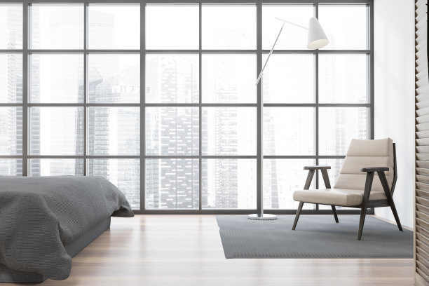 全景白色客厅与扶手椅图片下载