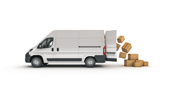 装着纸板箱的商业货车。三维渲染图片下载