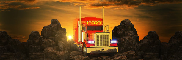 卡车对着夕阳和山脉。三维渲染图片下载