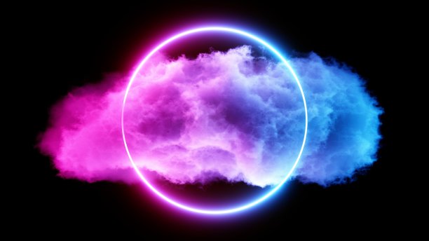 3D渲染云与发光的霓虹灯在黑暗的背景图片下载