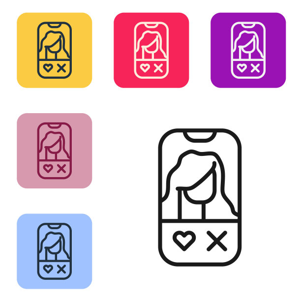 黑线约会应用在线移动概念图标孤立在白色背景。女性男性轮廓平面设计。情侣匹配的关系。设置图标的颜色方形按钮。向量图片下载