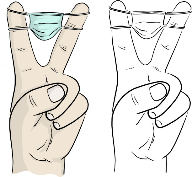 特写手与胜利标志和外科口罩图片下载