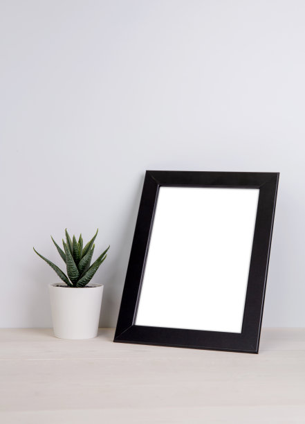 模型框架和植物在花盆在家里的桌子上，模拟海报展示在桌子上，室内，你的设计为画廊照片和图片，边界模板和广告装饰。图片下载