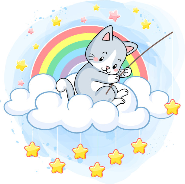 可爱的小猫在彩虹世界的云朵上钓鱼图片下载