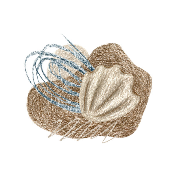 彩色铅笔抽象插图，棕色形状，沙色贝壳，蓝色螺旋。图片下载