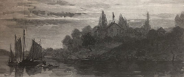 古董插图-阿仑贝格附近水上的帆船-瑞士-庄园-城堡图片下载