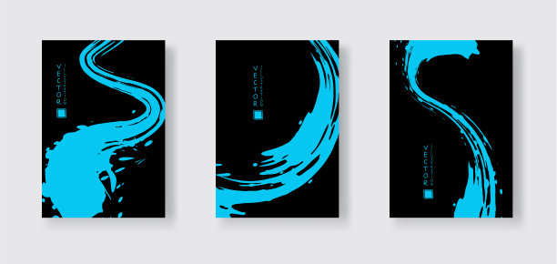 蓝色墨水笔触在黑色的背景。日本风格。图片下载