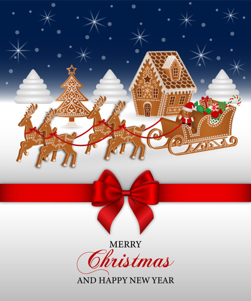 圣诞贺卡，红色蝴蝶结和姜饼图片下载
