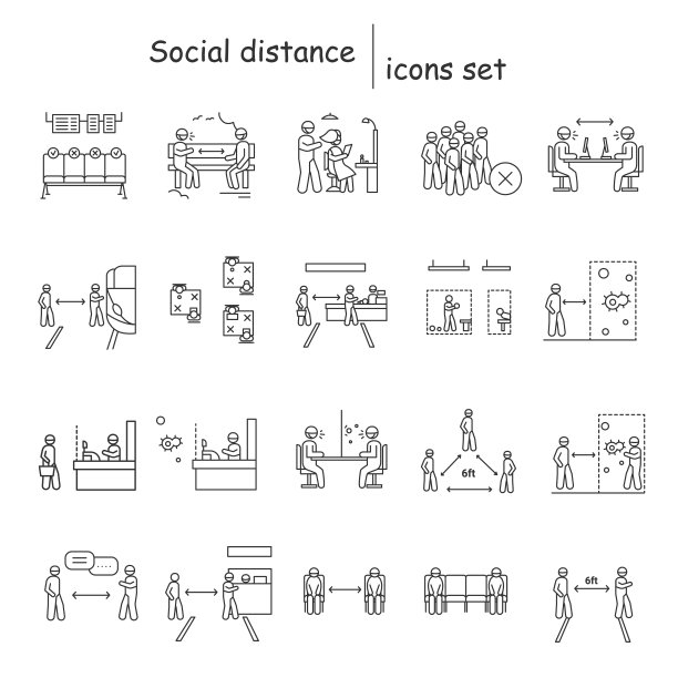 社交距离图标设置。冠状病毒大流行安全建议简单媒介插图图片下载
