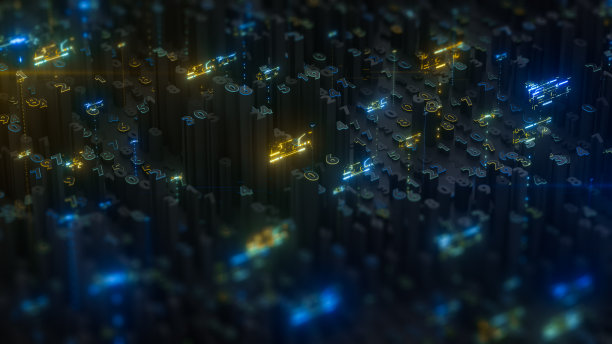 数字技术创意背景。抽象的构图，霓虹闪烁的数字，代码，大数据结构，金融信息概念，创意的业务联系。三维渲染图片下载