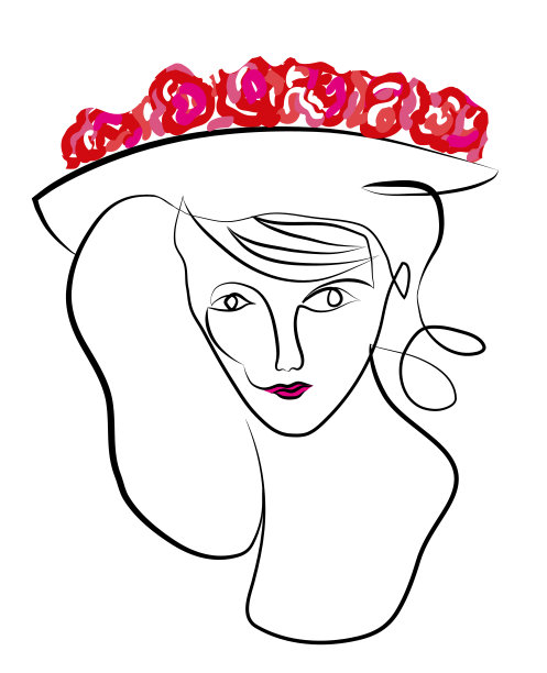 一幅带着玫瑰帽子的女人的素描。图片下载