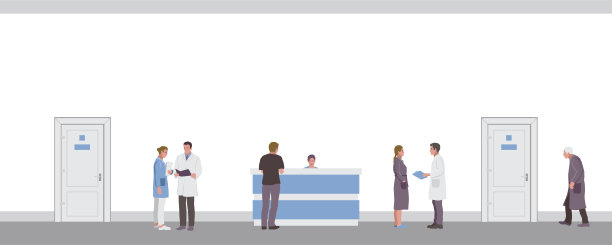 医护人员、医生和病人在医院走廊里图片下载