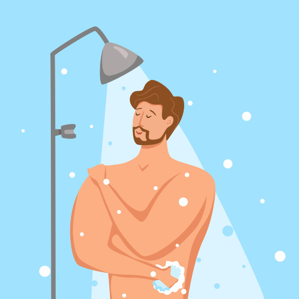 男子在浴室淋浴，用洗发水和肥皂清洁身体的矢量插画图片下载
