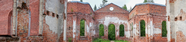 俄罗斯卡累利阿拉登波哈的路德教会废墟。摧毁了新教殿。建筑地标在俄罗斯北部城镇与芬兰遗产。历史主题全景背景图片下载