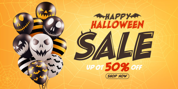 万圣节促销海报与万圣节幽灵气球在橙色的背景。可怕的空气气球。网站幽灵或横幅模板图片下载