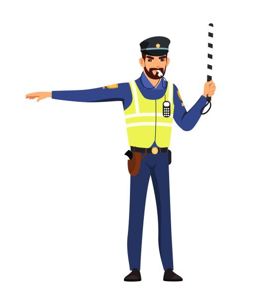 管制道路交通的警察。警察停了下来，拿着棍子，吹着口哨，做着要走的手势。安全驾驶矢量图。穿制服的人孤立在白色背景下图片下载
