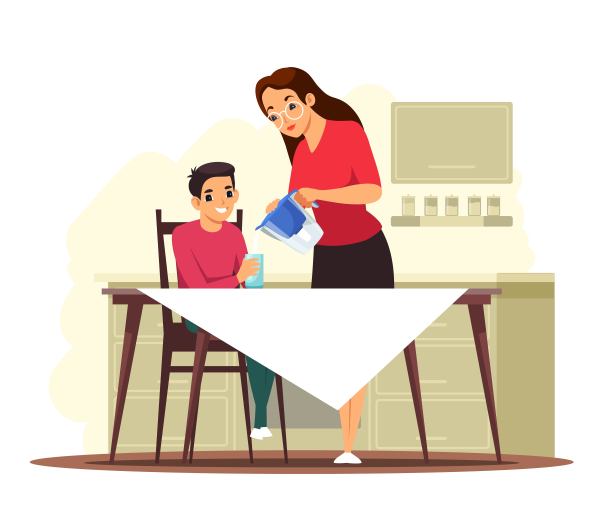 孩子在家里喝纯净水。妇女在家里把饮料从过滤器里倒给孩子。健康生活方式矢量插图。卡通人物坐在餐桌旁，儿子渴了图片下载