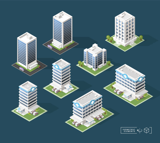一套等距高质量的城市建筑与黑色背景的阴影。孤立的向量元素图片下载