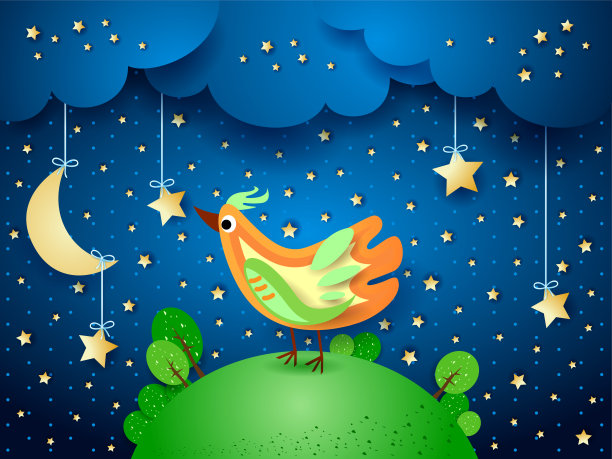 悬挂着星星和小鸟的超现实之夜图片下载