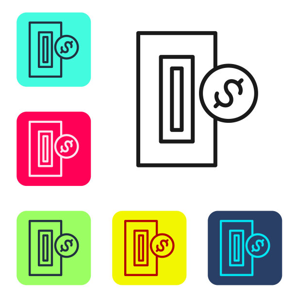 黑线手插入硬币插槽的自动售货机或街机图标隔离在白色背景。设置图标的颜色方形按钮。向量图片下载